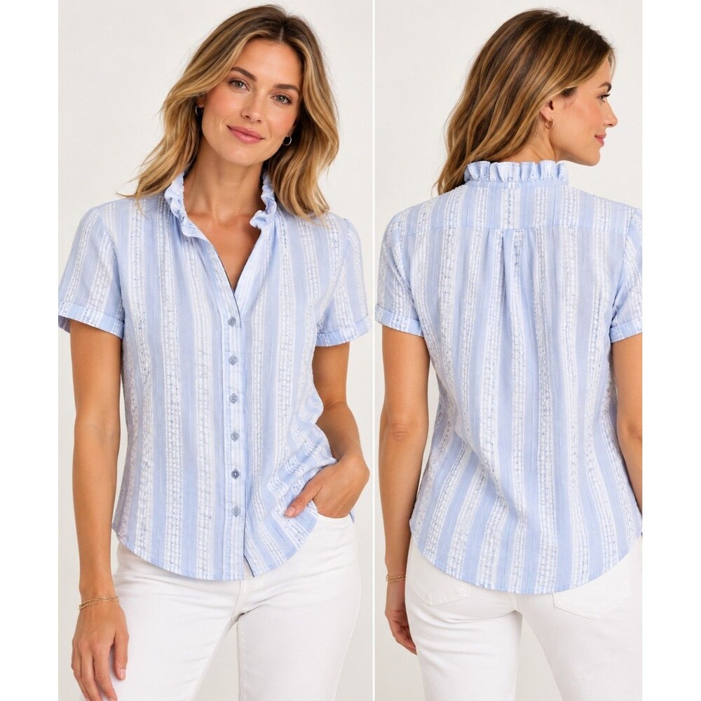 NWOTThe Shirt by Rochelle Behrens Size XS Blue Stripe Ruffle Button Down Top